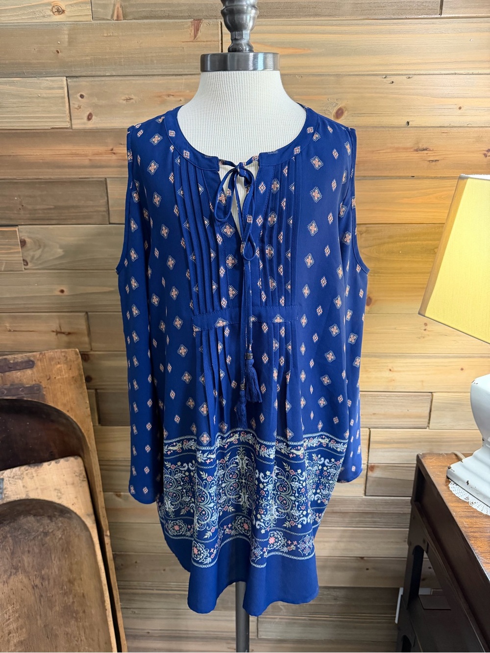 The Limited Royal Blue Printed Sleeveless Peasant Tunic with Tie